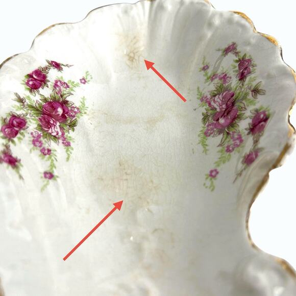 Antique Bone Trinket Dish Goodwin Semi Porcelain Floral Scalloped Gold Trim READ - Picture 12 of 15